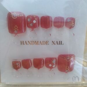 Handmade Red Gem Accent Press-On Toe Nails